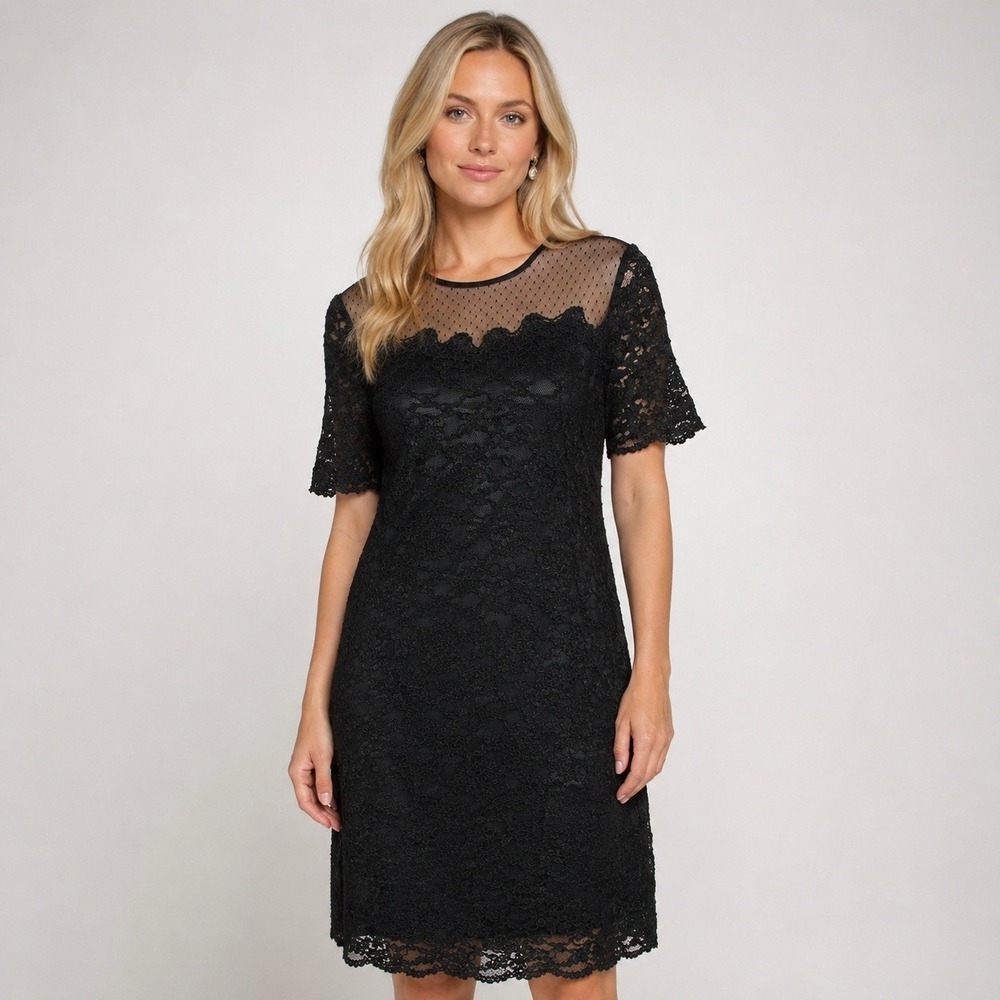Lanz Originals Dress Sheath Classic Black Floral Lace Swiss Illusion Glam SZ 12